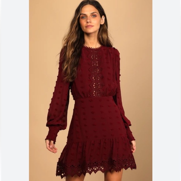 Lulus Dresses & Skirts - Lulus Lust or Love Wine Red Embroidered Lace Long Dress Size Large NWTS